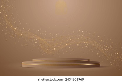 Brown podium with elegant gold wave lines on the back for product presentation. Display of cosmetic products. Stage or podium. vector illustration