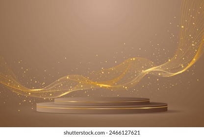 Brown podium with elegant gold wave lines on the back for product presentation. Display of cosmetic products. Stage or podium. vector illustration	