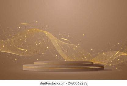 Brown podium with elegant gold wave lines on the back for product presentation. Display of cosmetic products. Stage or podium. vector illustration