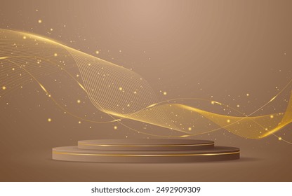 Braunes Podium mit eleganten goldenen Wellenlinien auf der Rückseite zur Produktpräsentation. Anzeige von Kosmetikprodukten. Bühne oder Podium. Vektorillustration	