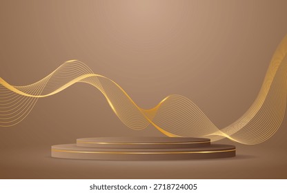 Podio marrón con elegantes líneas doradas onduladas en la parte posterior para la presentación del producto. Exhibición de productos cosméticos. Etapa o podio. Ilustración vectorial