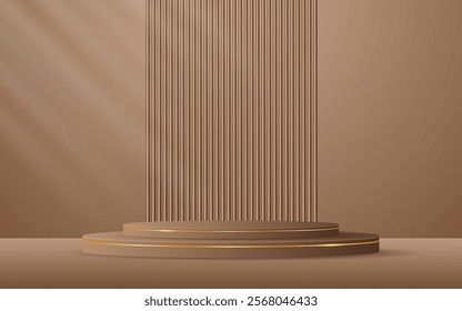 Brown podium with elegant golden lines with brown slatted backdrop for advertisement display. Display of cosmetic products. stage or podium. vector illustration	