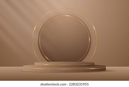 Brown podium has a brown  round shape and gold lines on the back for advertisement display. Cosmetic product display. Stage or podium. vector illustration	