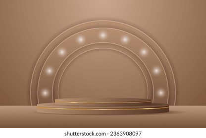Brown podium has a brown round shape on the back for product presentation. Cosmetic product display. Stage or podium. vector illustration	