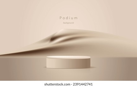 Brown podium pedestal background. Abstract desert sand blurred waves pattern background. Light scene for display products, stage showcase design. Vector geometric empty studio.