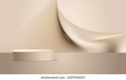 Brown podium pedestal background. Abstract desert sand blurred waves pattern background. Light scene for display products, stage showcase design. Vector geometric empty studio.
