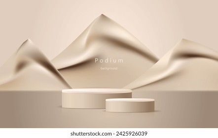 Brown podium pedestal background with pyramids. Abstract desert sand blurred waves pattern background. Light scene for display products, stage showcase design. Vector geometric empty studio.
