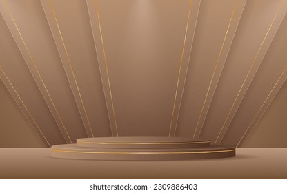 Brown podium with brown stripes with elegant gold line on the back for displaying advertisements. Display of cosmetic products. stage or podium. vector illustration	
