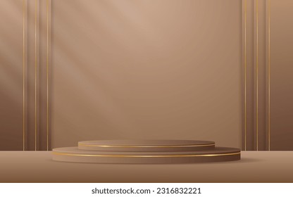 Brown podium with brown stripes with elegant gold line on the back for displaying advertisements. Display of cosmetic products. stage or podium. vector illustration
