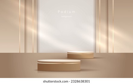 Brown podium with white pedestal background. Vertical golden wall background. Light scene for display products, stage showcase design. Vector geometric empty studio.