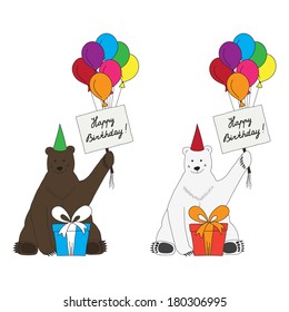 Brown and polar bears congratulate with happy birthday