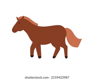 Brown pony horse cute childish cartoon character, flat vector illustration isolated on white background. Running baby pony for kids equestrian lessons.