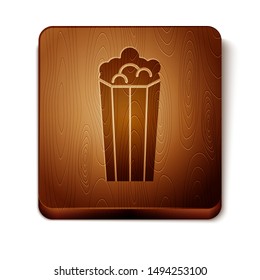 Brown Popcorn in cardboard box icon isolated on white background. Popcorn bucket box. Wooden square button. Vector Illustration