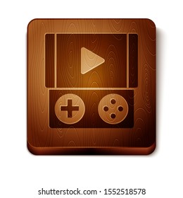Brown Portable video game console icon isolated on white background. Gamepad sign. Gaming concept. Wooden square button. Vector Illustration