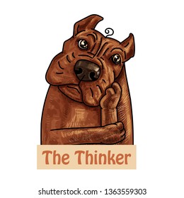 Brown portrait of bully dog in thinking pose with text isolated on white background, vector illustration.