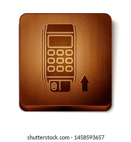 Brown Pos terminal with inserted credit card icon isolated on white background. Payment terminal transaction. Pay by card. Wooden square button. Vector Illustration