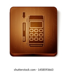 Brown Pos terminal with inserted credit card icon isolated on white background. Payment terminal transaction. Pay by card. Wooden square button. Vector Illustration