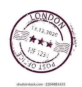 Brown post mark. Round stamp with inscription London post office and three stars. Communication and interaction, business correspondence. Graphic element for website. Cartoon flat vector illustration