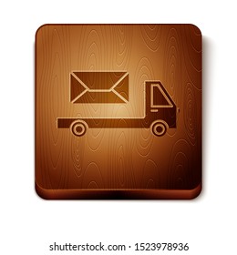 Brown Post truck icon isolated on white background. Mail car. Vehicle truck transport with envelope or letter. Wooden square button. Vector Illustration