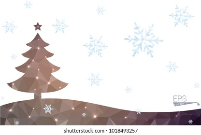 Brown postcard low polygon style christmas tree vector illustration consisting of triangles.Abstract triangular polygonal origami or crystal design of New Year celebration.Isolated on white background