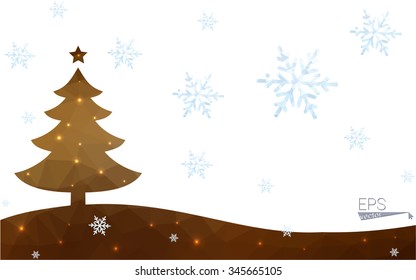 Brown postcard low polygon style christmas tree vector illustration consisting of triangles.Abstract triangular polygonal origami or crystal design of New Year celebration.Isolated on white background