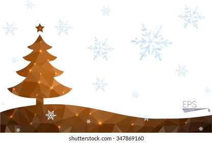 Brown postcard low polygon style christmas tree vector illustration consisting of triangles.Abstract triangular polygonal origami or crystal design of New Year celebration.Isolated on white background