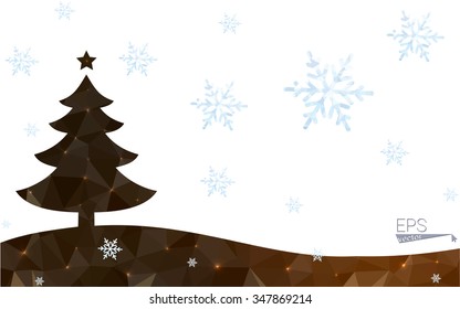Brown postcard low polygon style christmas tree vector illustration consisting of triangles.Abstract triangular polygonal origami or crystal design of New Year celebration.Isolated on white background