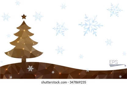 Brown postcard low polygon style christmas tree vector illustration consisting of triangles.Abstract triangular polygonal origami or crystal design of New Year celebration.Isolated on white background