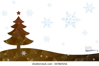 Brown postcard low polygon style christmas tree vector illustration consisting of triangles.Abstract triangular polygonal origami or crystal design of New Year celebration.Isolated on white background
