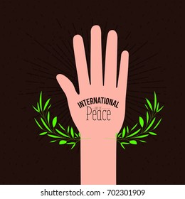 brown poster with sparks and hand open palm symbol with linear brightness and text international day of peace with half crown of leaves vector illustration