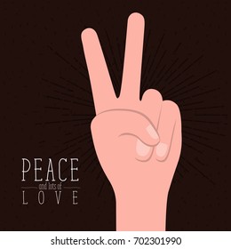 brown poster with sparks and hand victory symbol with linear brightness and text peace and lots of love vector illustration