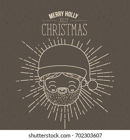 brown poster with sparks and silhouette cute face santa claus and text merry holly jolly christmas vector illustration