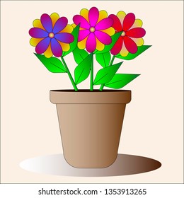 brown pot with flowers of different colors and leaves