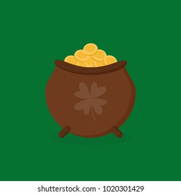 Brown pot full of gold vector illustration, icon. St. Patrick's Day leprechaun's pot of gold isolated on green background.