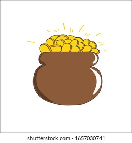Brown Pot with golden coins. Saint Patrick's Day concept.