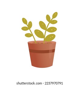 Brown pot with plant vector illustration. Pot isolated on white background. Gardening, farming concept