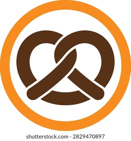 A brown pretzel icon in an orange circle, symbolizing food, snack, or baking concept