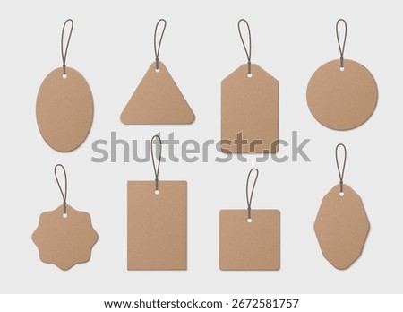 Brown price tag collection with string attachments for discount labels or retail displays. Kraft paper shapes designs with cord loops. Blank vintage tags for sales advertise or product marking.