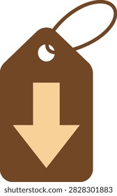 A brown price tag with a downward arrow symbol, indicating discount or sale, on white background