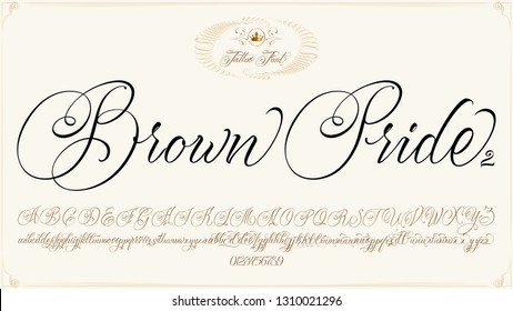 Brown Pride - updated handwritten chicano Script font. Hand drawn popular tattoo style calligraphy cursive typeface. Vector Brush type set.