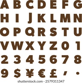 Brown print style alphabet uppercase letters with numbers and currency symbols