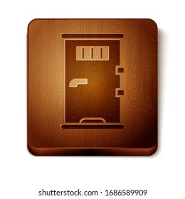 Braune Gefängniszellentür mit Grillfenster Symbol einzeln auf weißem Hintergrund. Holzquadrat-Taste. Vektorillustration-Illustration