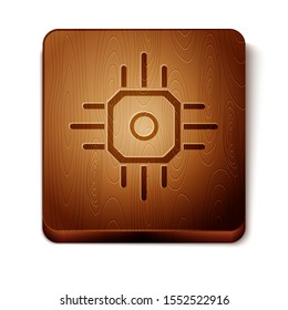 Brown Processor icon isolated on white background. CPU, central processing unit, microchip, microcircuit, computer processor, chip. Wooden square button. Vector Illustration