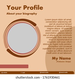 Brown profile card design with circular photo description and placement. The profile card can be inserted social media accounts