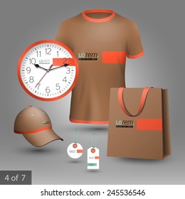 Brown promotional souvenirs design for corporate identity with green and orange elements. Stationery set