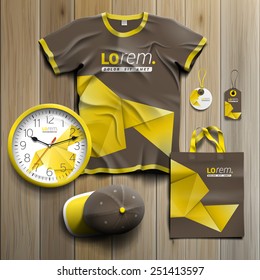 Brown promotional souvenirs design for corporate identity with yellow origami paper. Stationery set