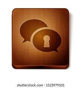 Brown Protection of personal data icon isolated on white background. Speech bubble and key. Wooden square button. Vector Illustration