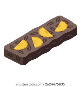 Brown protein bar with nuts and orange slices is lying on a white surface