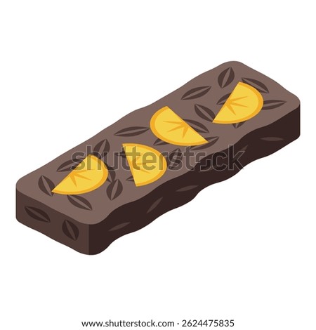 Brown protein bar with nuts and orange slices is lying on a white surface
