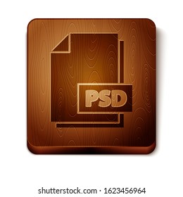 Brown PSD file document. Download psd button icon isolated on white background. PSD file symbol. Wooden square button. Vector Illustration